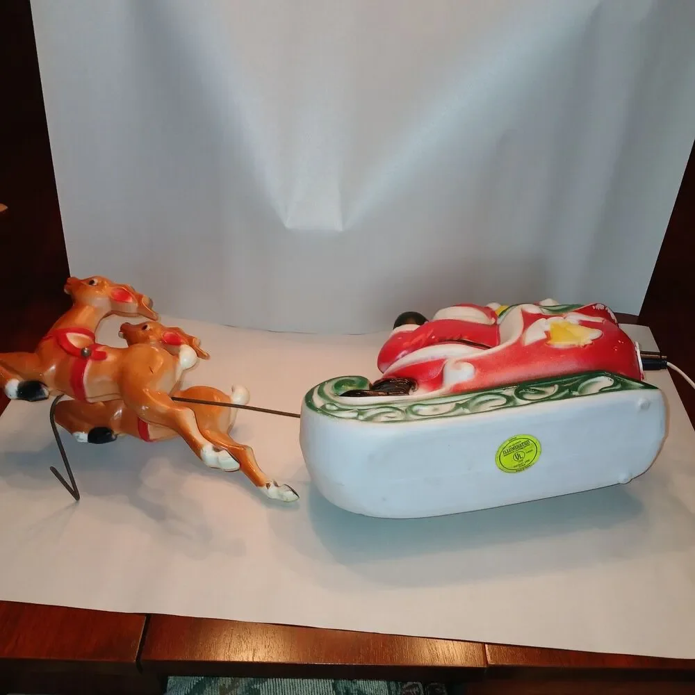 Vtg Empire Santa Sleigh & 2 Reindeer Blow Mold Christmas Light Up Figure 22 inch
